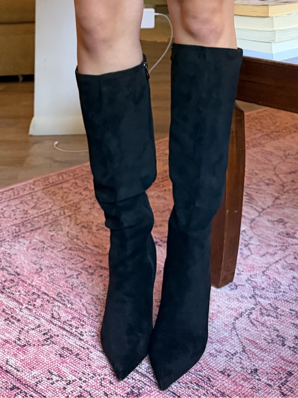 Classic Black Knee-High Suede Heeled Boots
